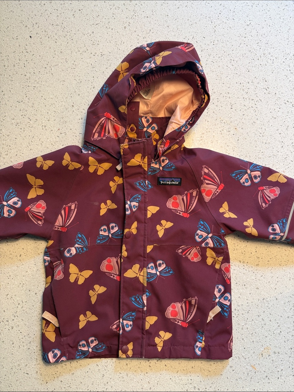 Patagonia Kids' Hooded Jacket - Burgundy with Yellow & Blue Butterfly Print